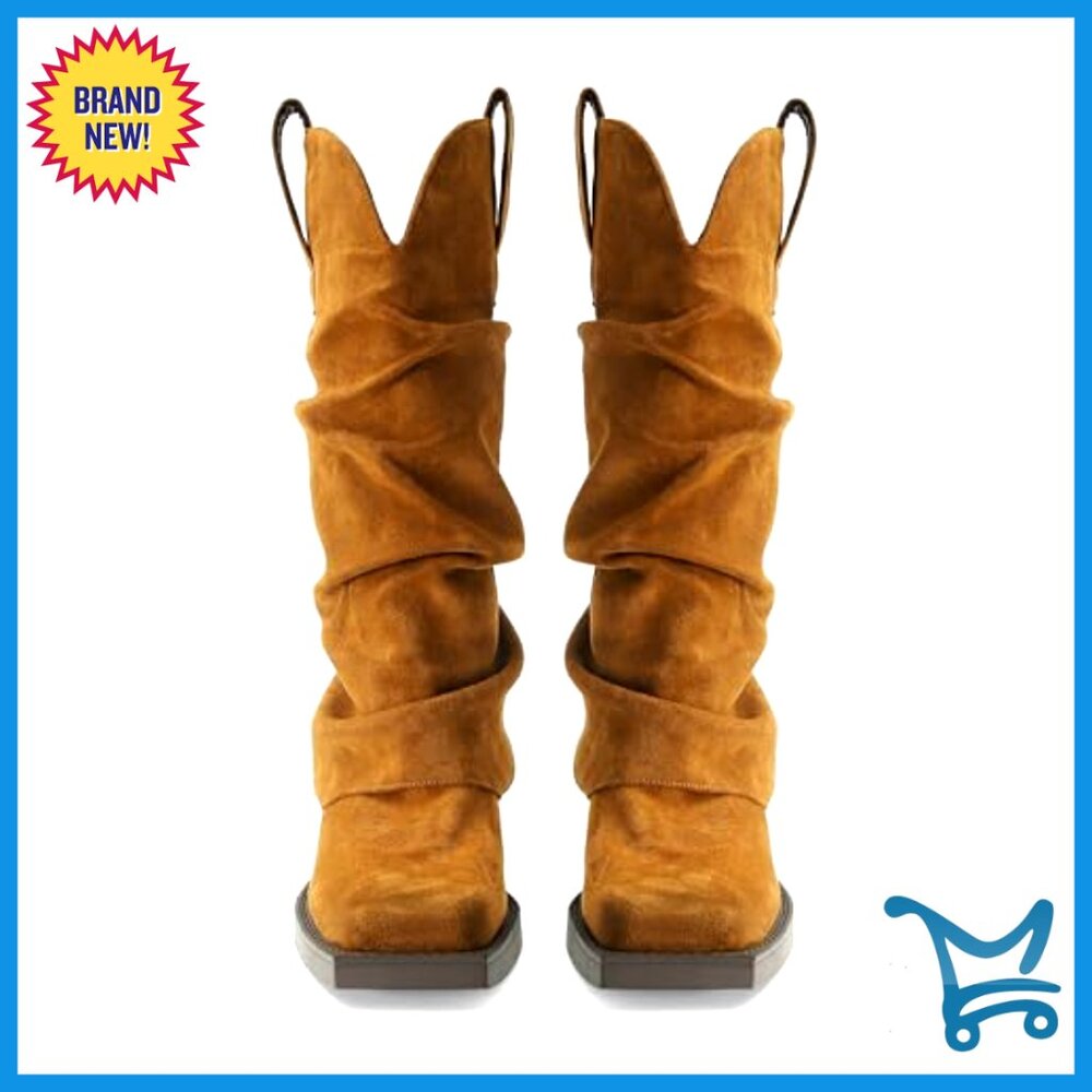 Faux Suede Fold Over Boots Square Toe Chunky Heel Mid Calf Western - Picture 5 of 7